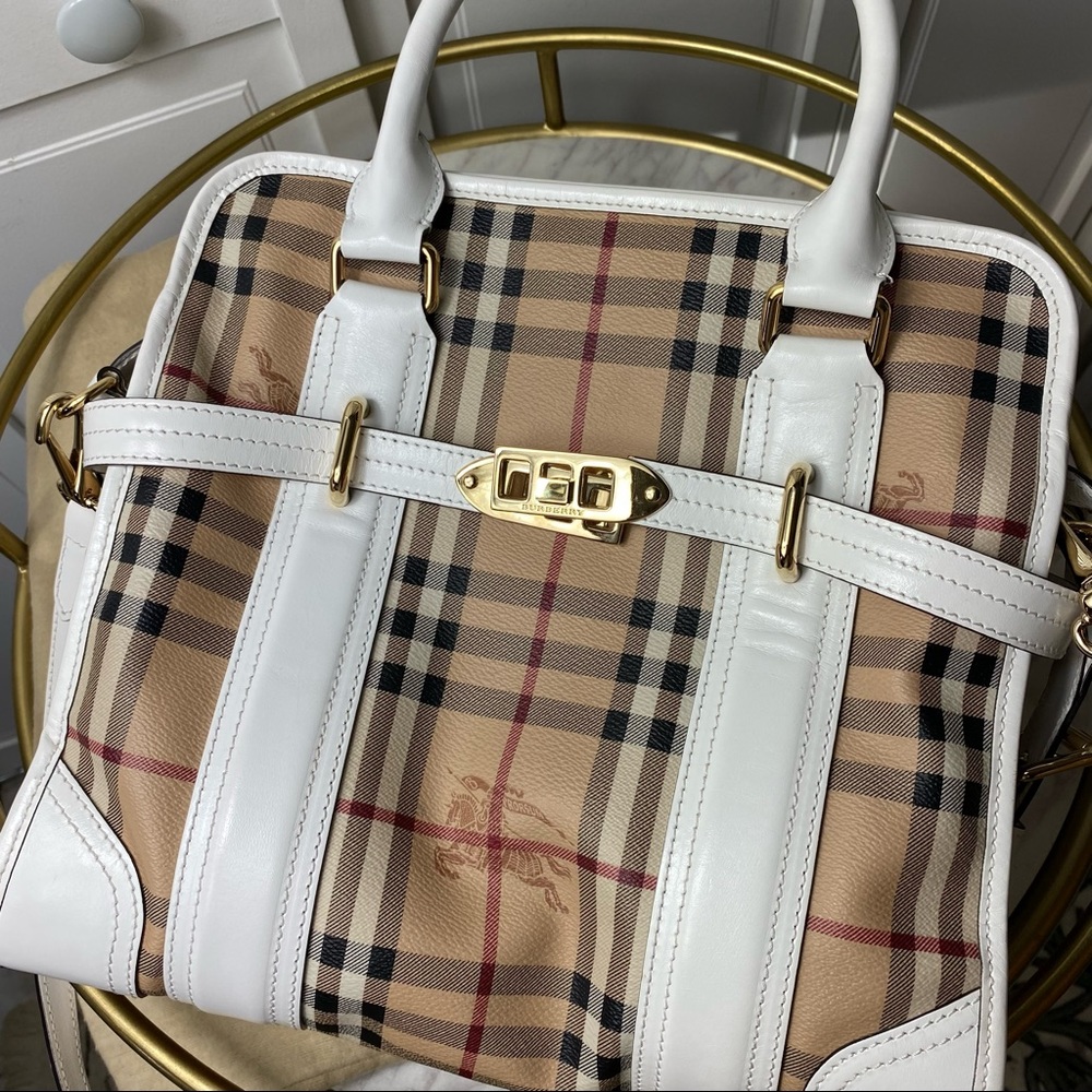 VTG Burberry Minford Satchel Haymarket Coated Canvas White Leather Gold Hardware